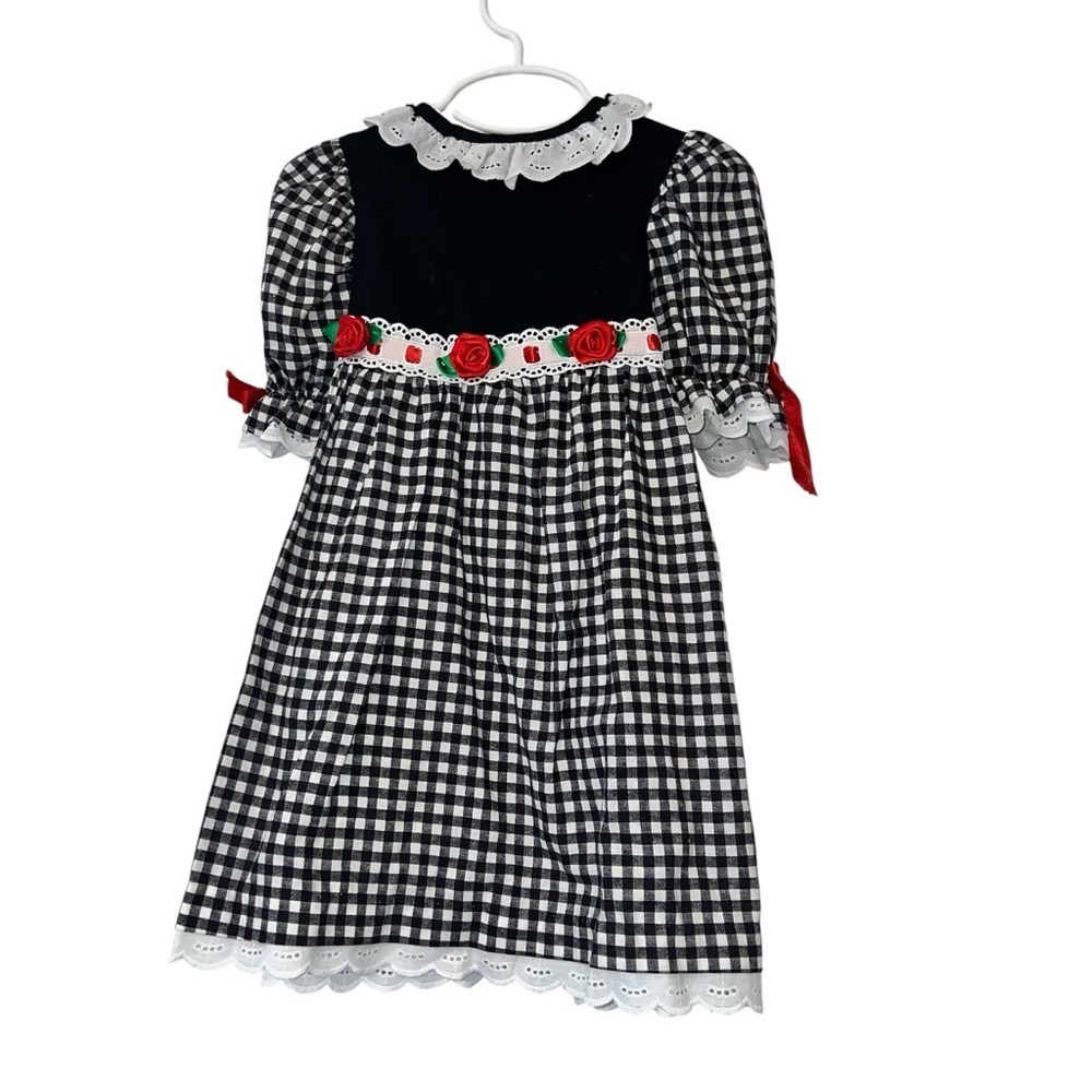 Vtg Sweet Blossoms girls black white gingham rose eyelet dress 4T